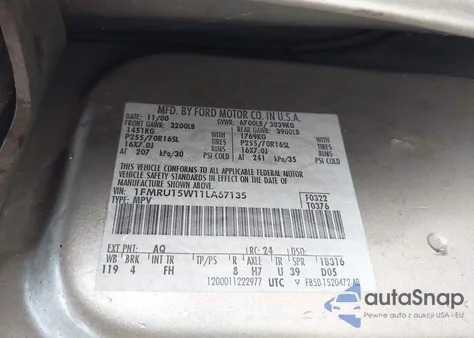 2001 Ford Expedition Xlt z USA, uszkodzony, nr VIN 1FMRU15W11LA67135